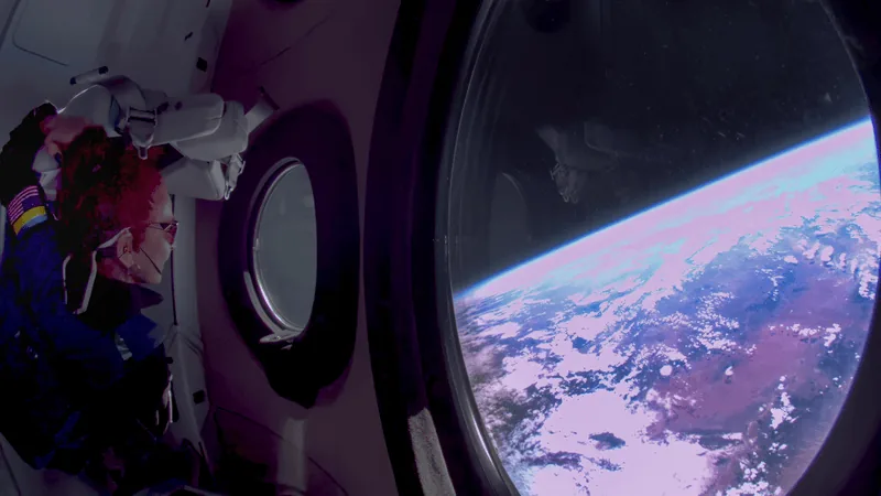 An astronaut looks at Earth through a large Virgin Galactic cabin window