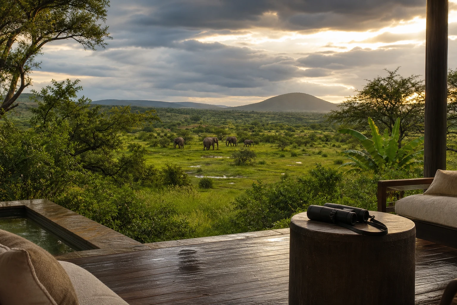 Elephants viewed from a private safari lodge during Africa's green season