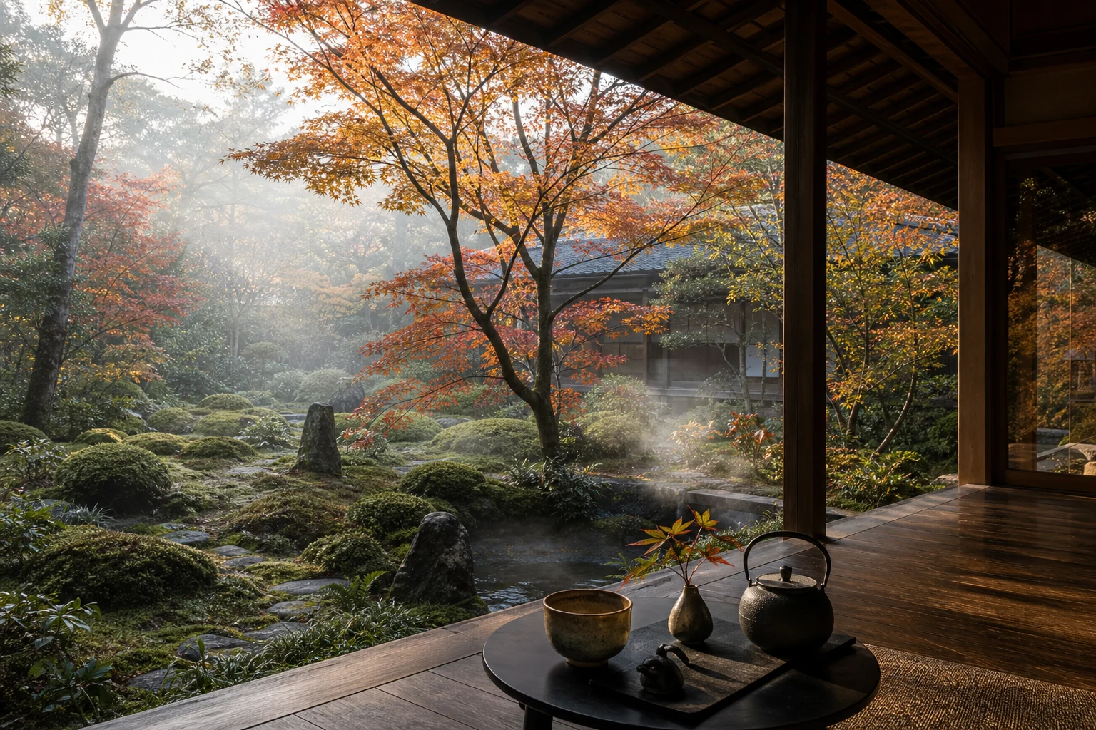 Quiet ryokan garden in Kyoto during the autumn travel season