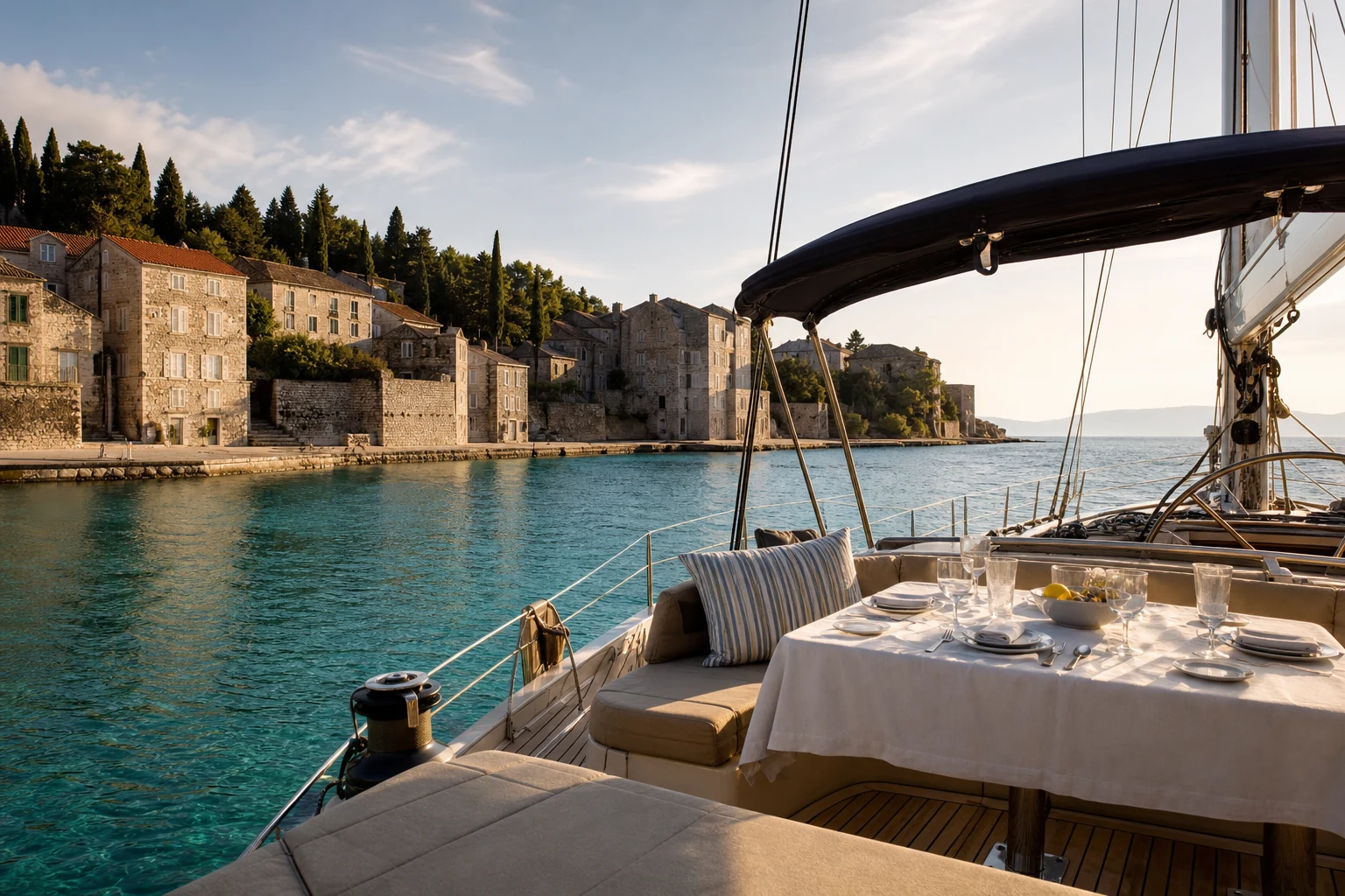 Private sailing yacht in the Mediterranean during the quieter shoulder season