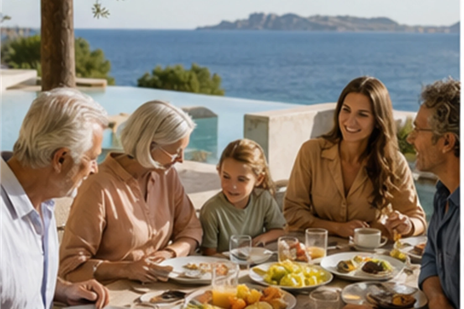 Grandparents, parents and child on a private family trip Grandparents, parents and child on a private family trip