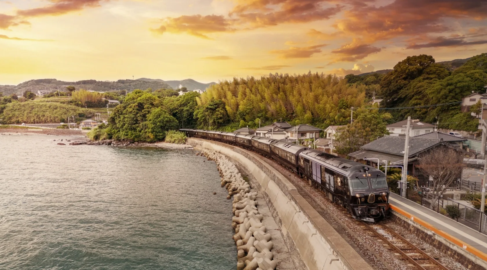 Seasonal and route motif for Japanese luxury train travel in Kyushu with a focus on route, access and travel quality Seasonal and route motif for Japanese luxury train travel in Kyushu with a focus on route, access and travel quality