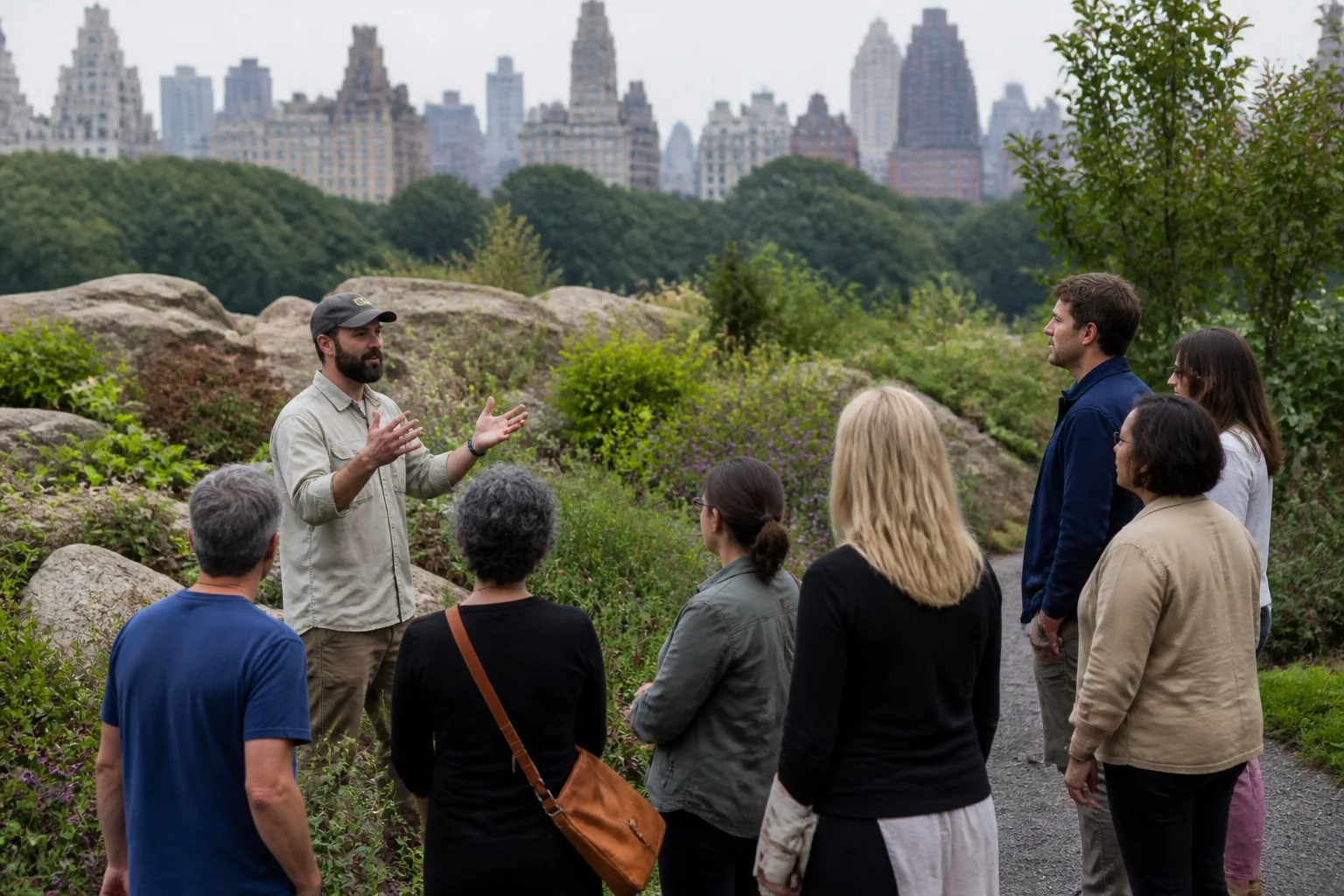 植物学家在纽约Fort Tryon Park向访客讲解高山花园