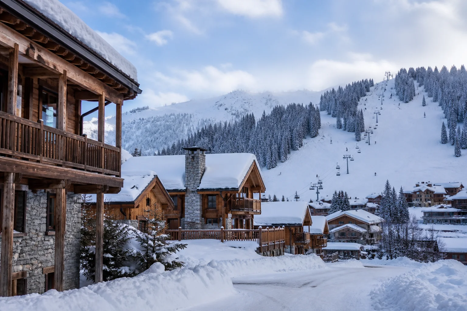 国王湖村雪中的木结构山间木屋,背景可见村内缆车