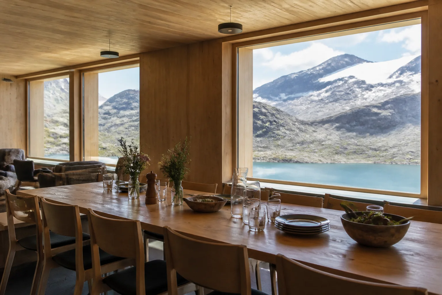 瑞士穆特湖山屋内以木材装饰的集体餐厅