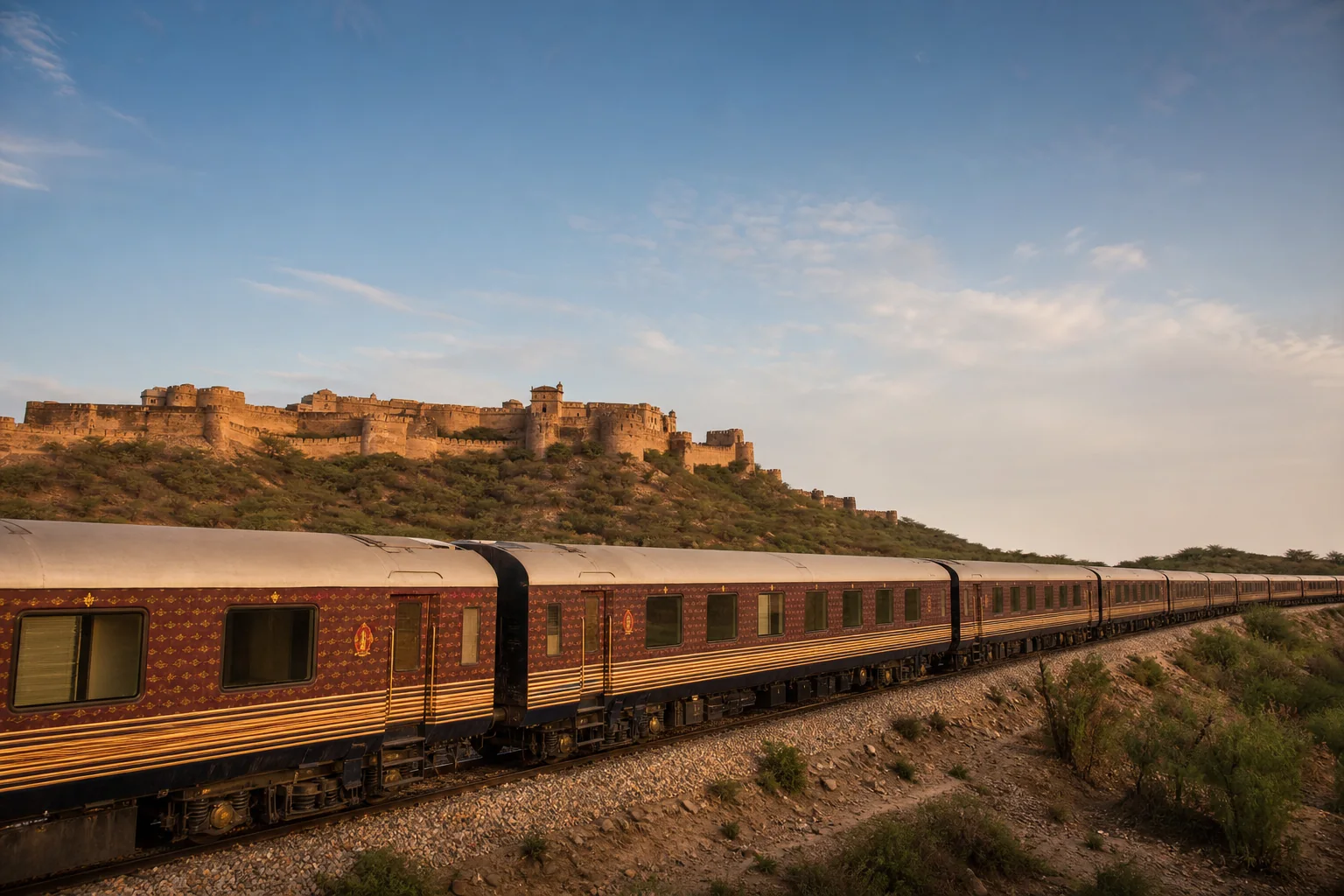 印度王公快车以长列编组穿越 Rajasthan 的 Thar Desert