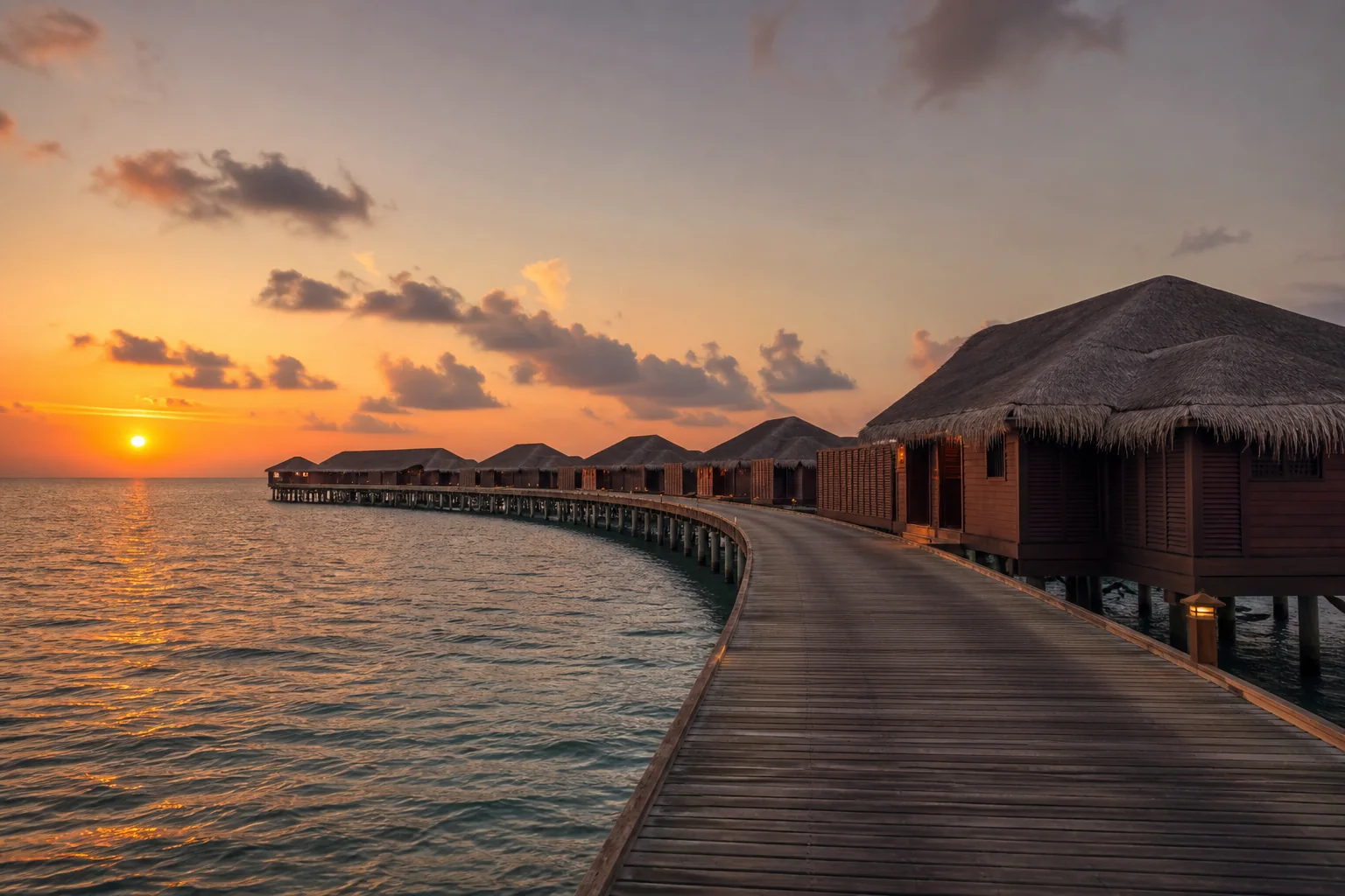 Diamonds Thudufushi Resort 内弧形水上栈桥与真实别墅