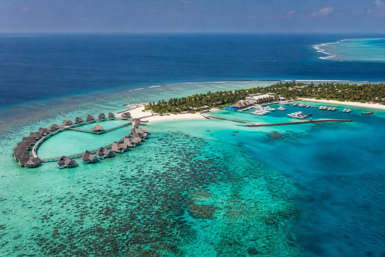 真实 Full Moon Maldives 度假村航拍图，可见别墅、码头、潟湖与珊瑚礁