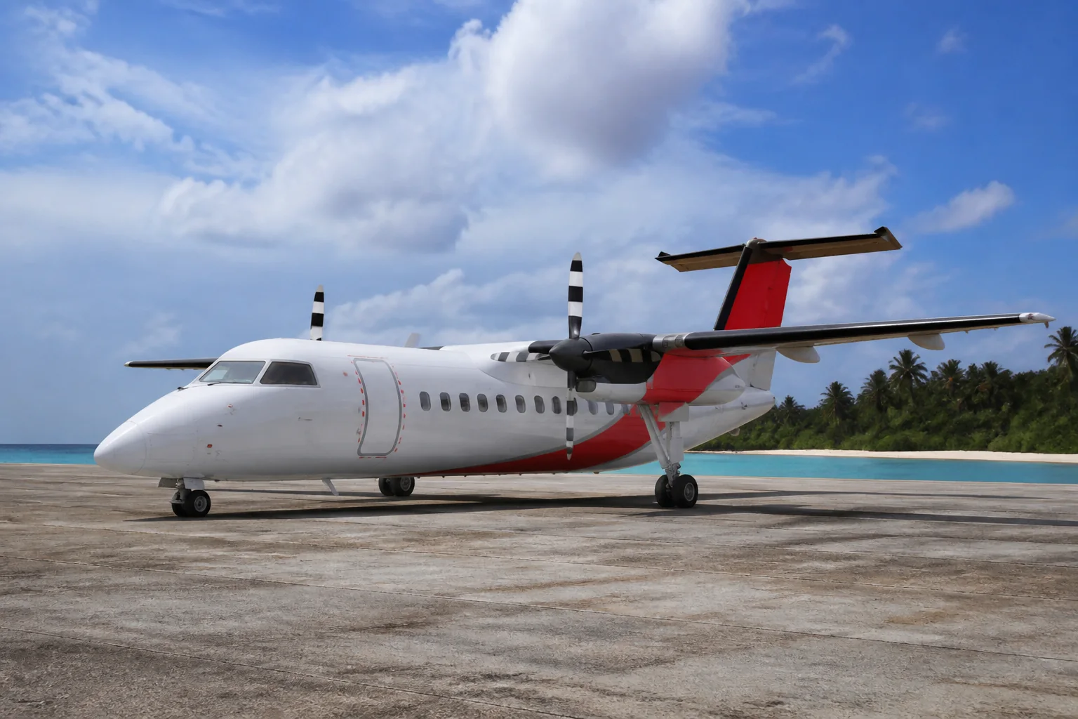 Reales Maldivian-Dash-8-Regionalflugzeug 8Q-IAK auf einer Inselpiste