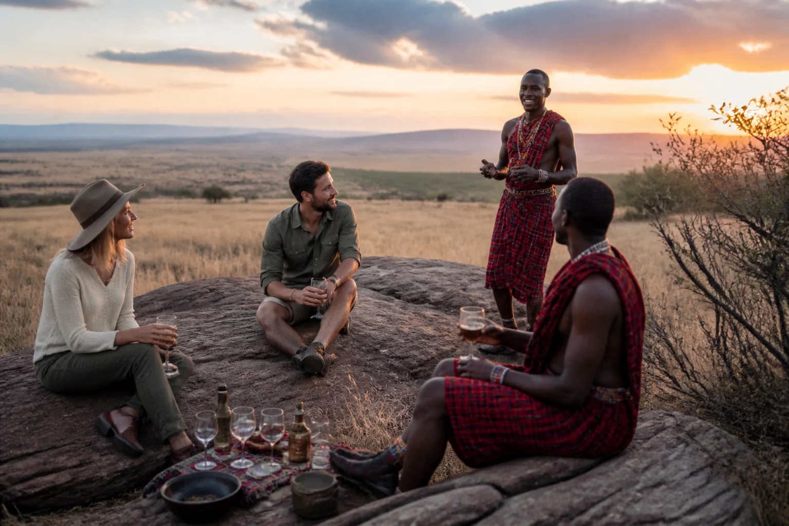 Ol Kinyei Conservancy 的真实场景：宾客与马赛向导共度日落时分