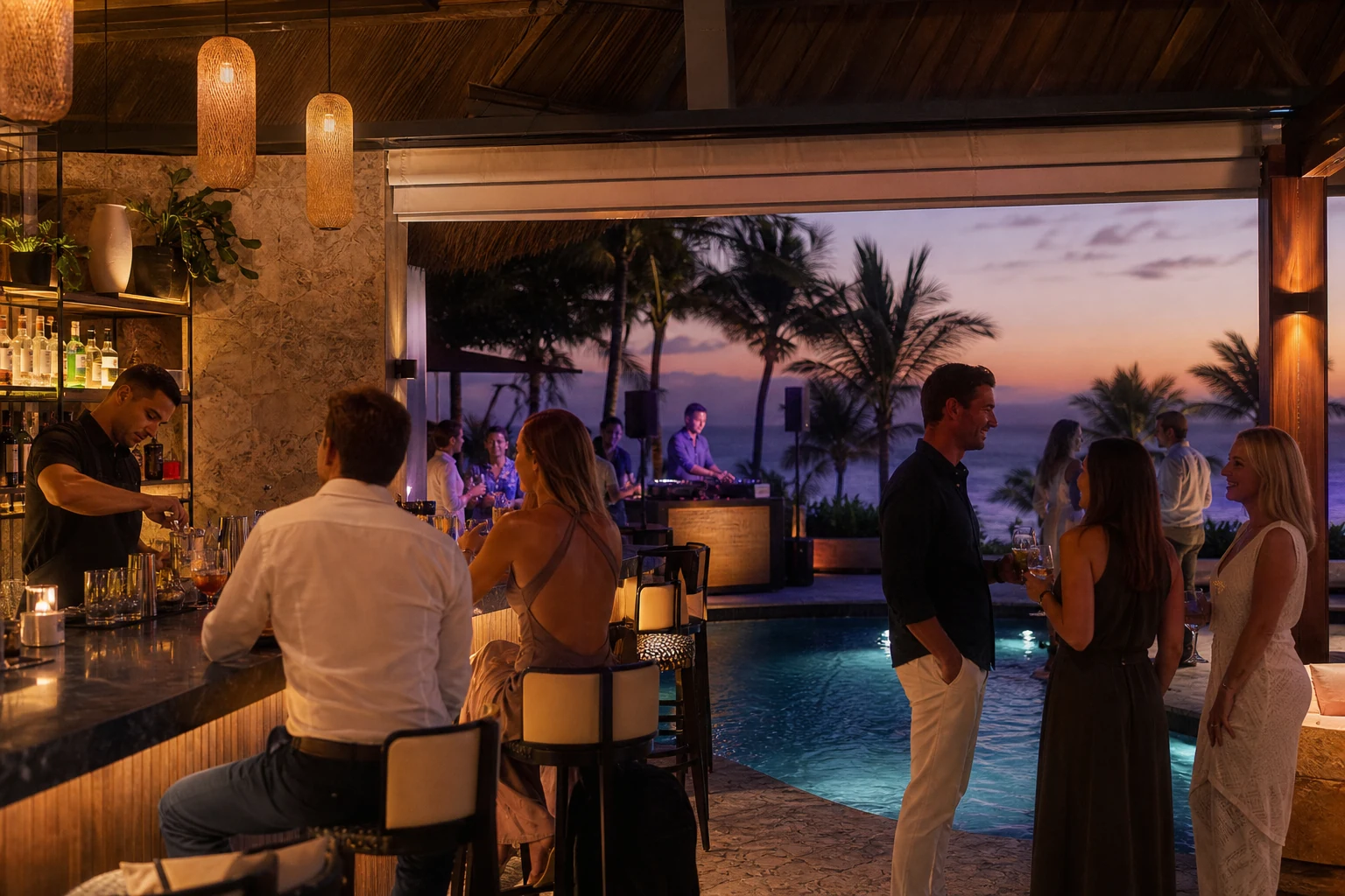 Gesellige Abendstimmung an einer Bar in einem Erwachsenenresort