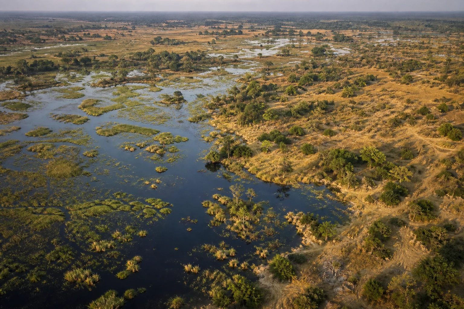 Aerial view of dry and wet habitats in the Okavango Delta