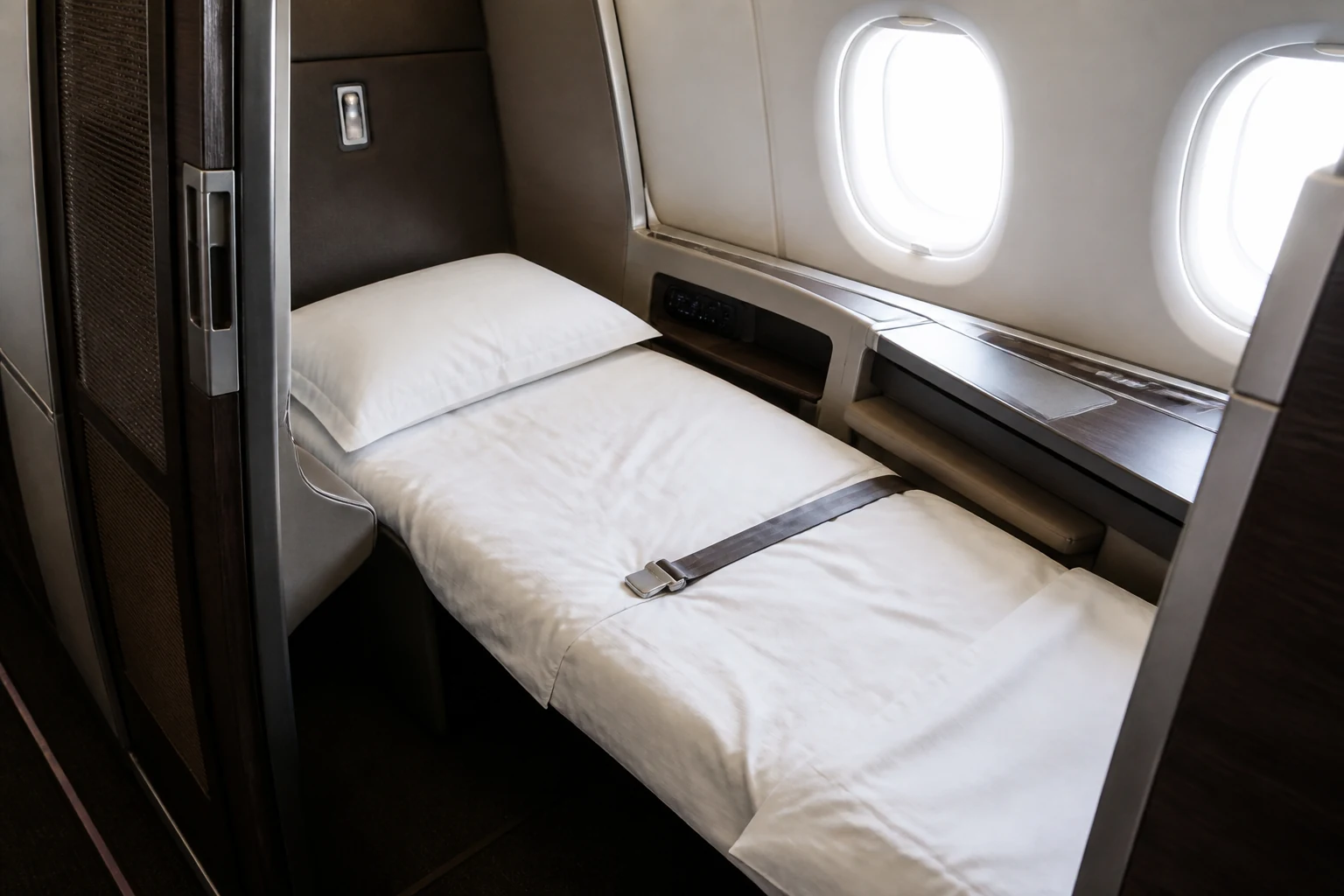 Für den Nachtflug vorbereitete First-Class-Suite mit flachem Bett