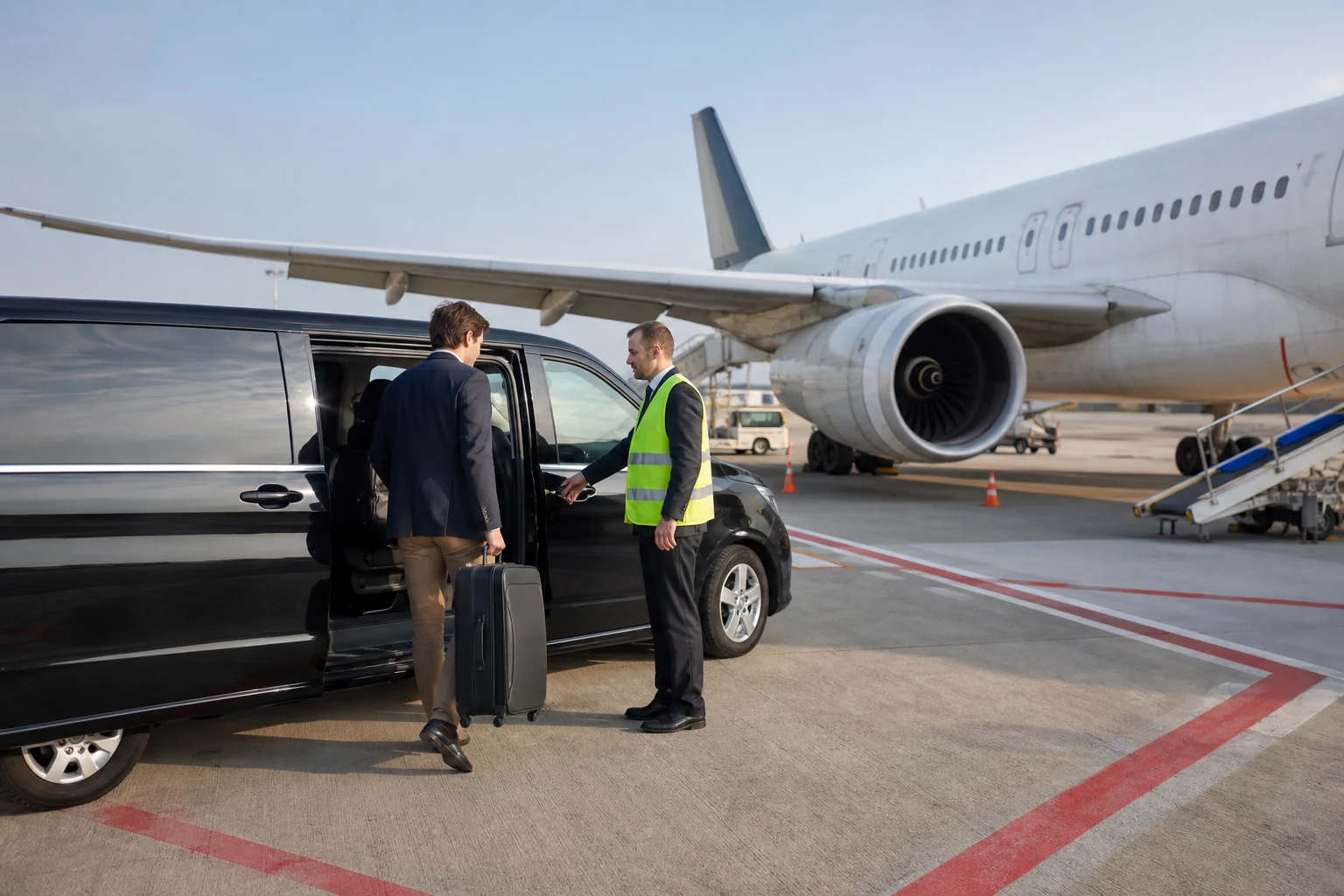 Privater Fahrzeugtransfer eines VIP-Gastes direkt zum Linienflugzeug