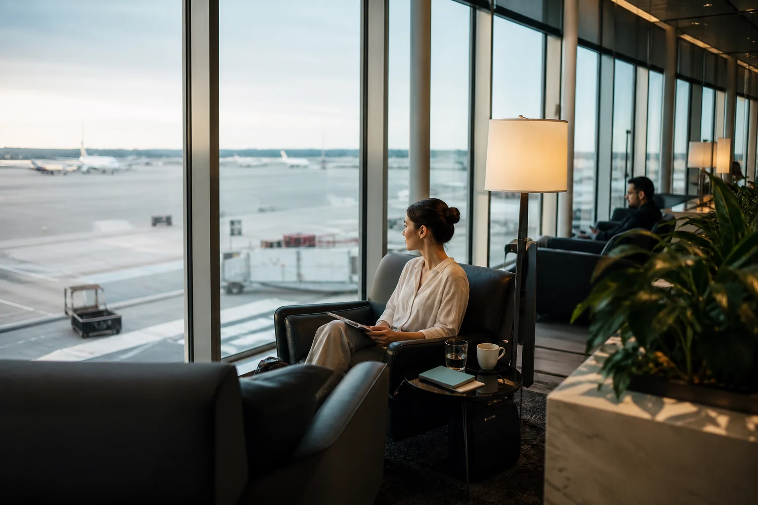 Quiet premium lounge overlooking an airport apron