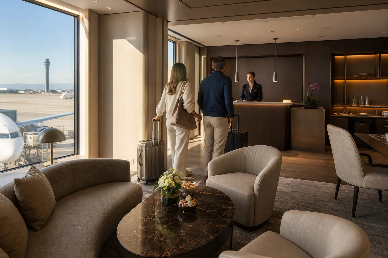 Private airport suite with a separate reception and apron view