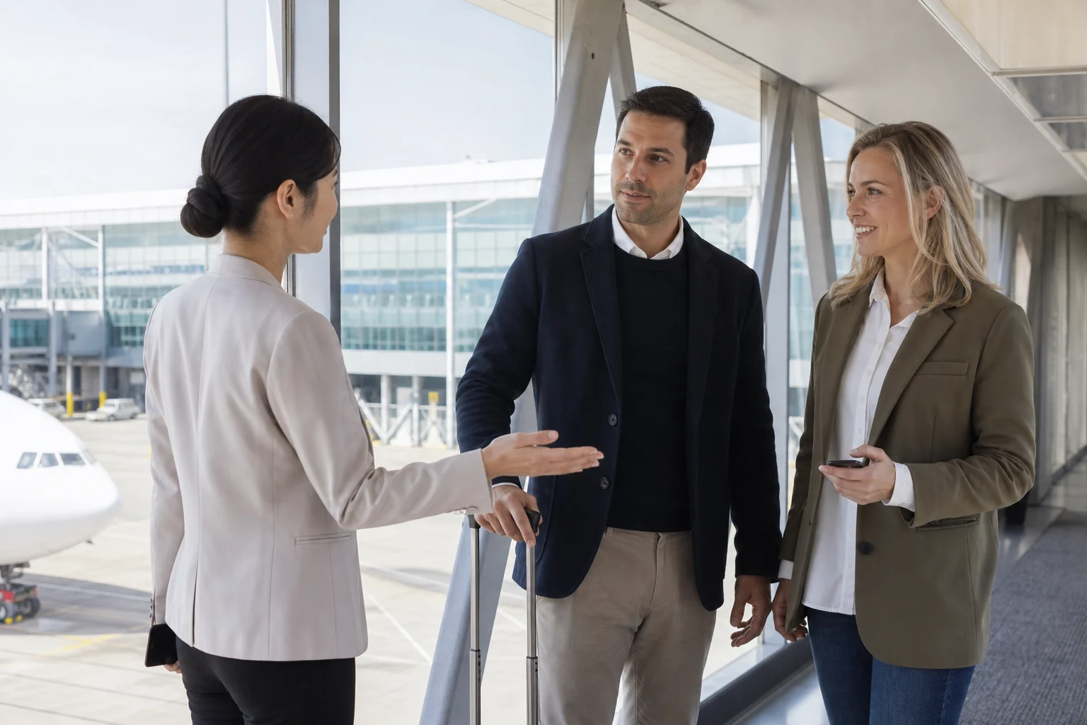 Connecting traveller being handed over between two airport assistants