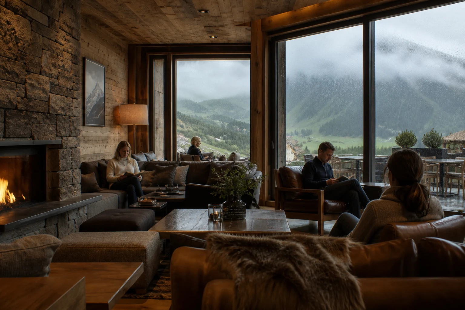 Warme Hotellounge mit Kamin und regnerischem Alpenpanorama