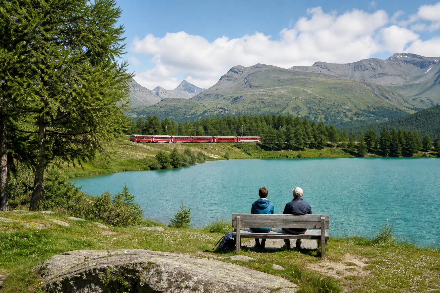 Sitzbank an einem Engadiner Bergsee mit vorbeifahrendem Regionalzug