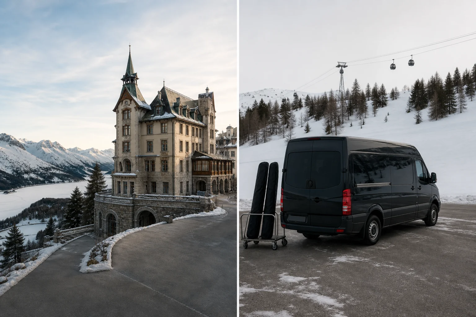 Fiktiver Vergleich eines Engadiner Grand Hotels und separaten Ski-Shuttles