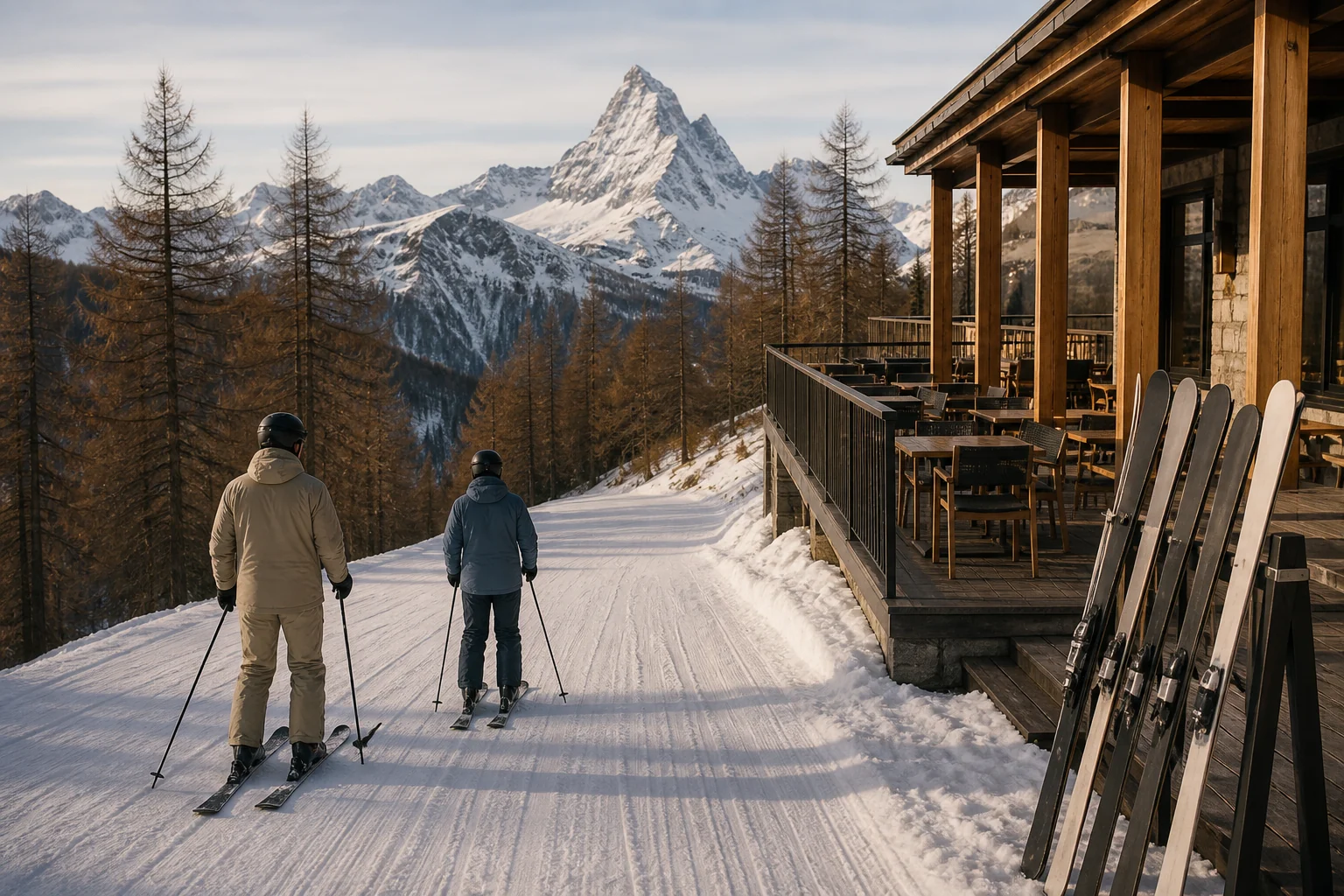 Fiktiver Pistenrückweg zu einer leeren Hotelterrasse mit Bergblick
