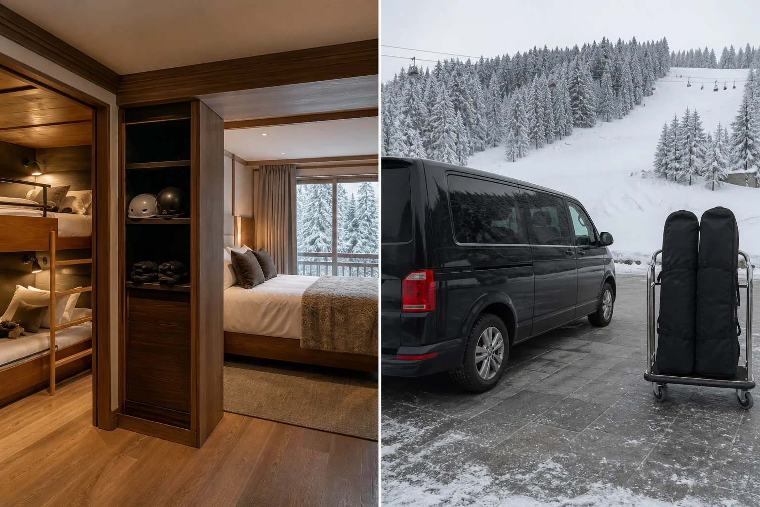 Fiktiver Vergleich einer Familiensuite und eines separaten Ski-Shuttles