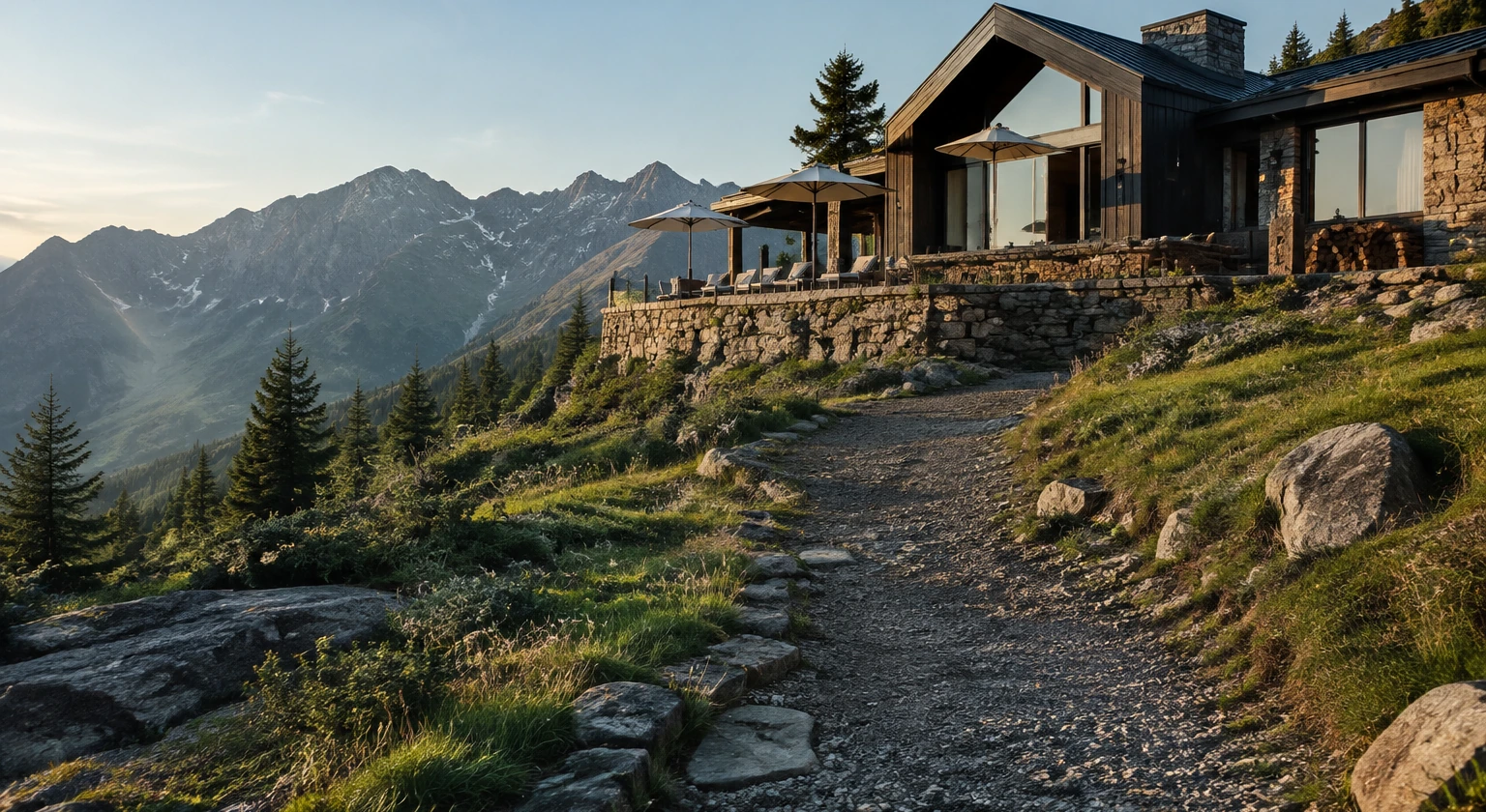 Photorealistic illustration for alpine summer hiking rest: setting and arrival