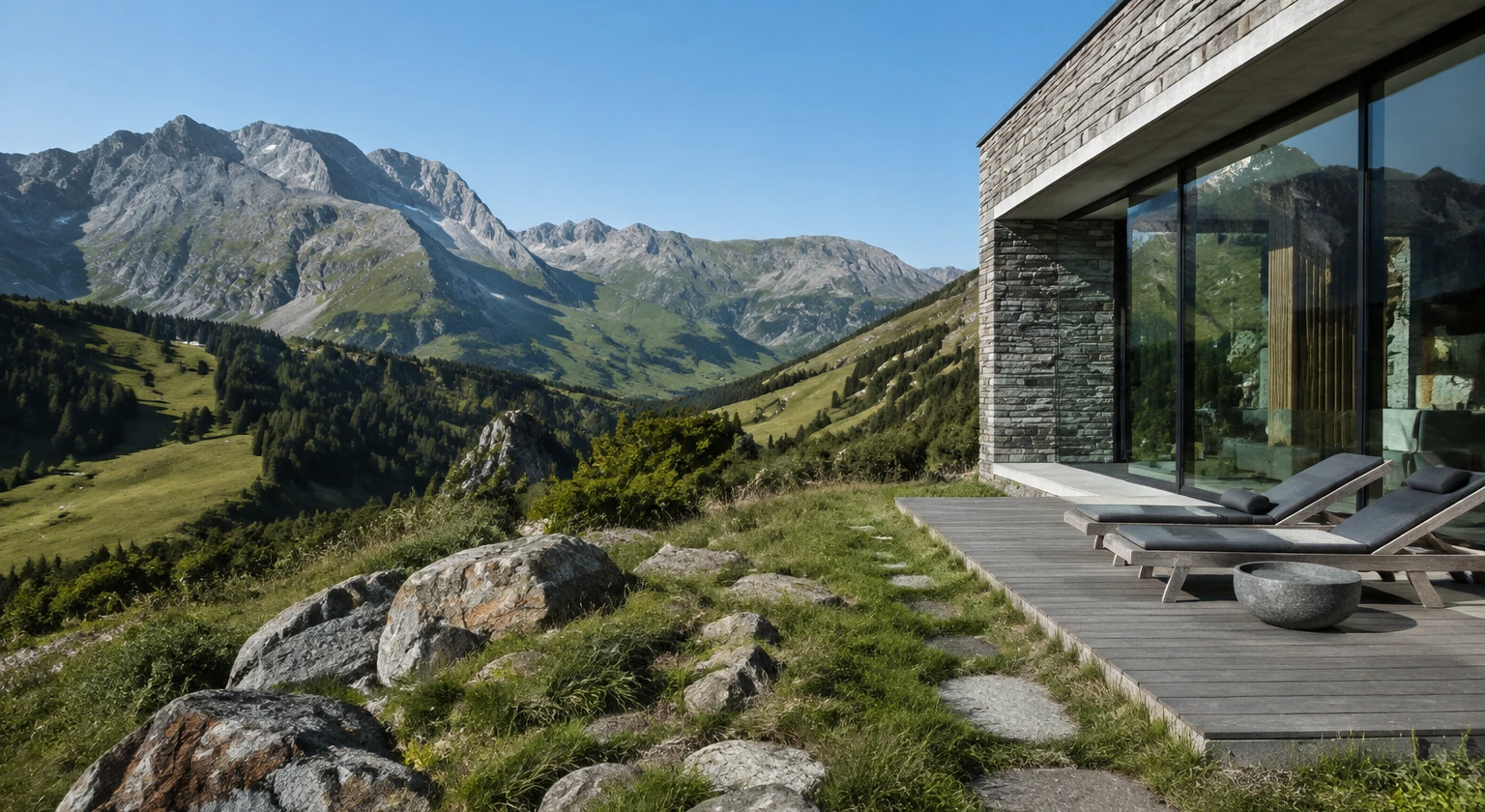 Photorealistic illustration for alpine summer hiking rest: accommodation and physical layout