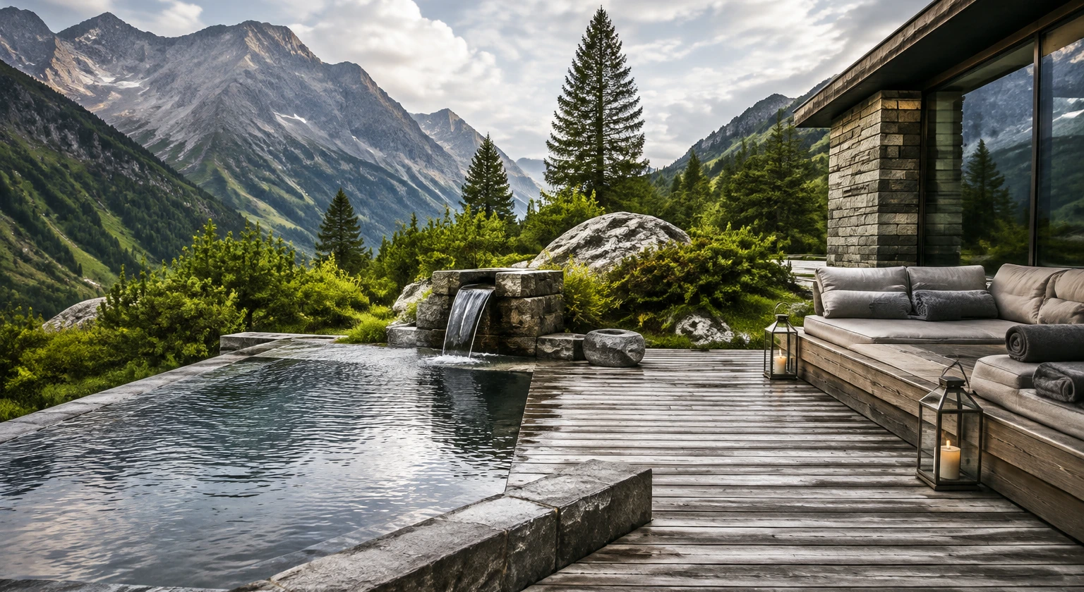 Photorealistic illustration for alpine summer hiking rest: signature experience