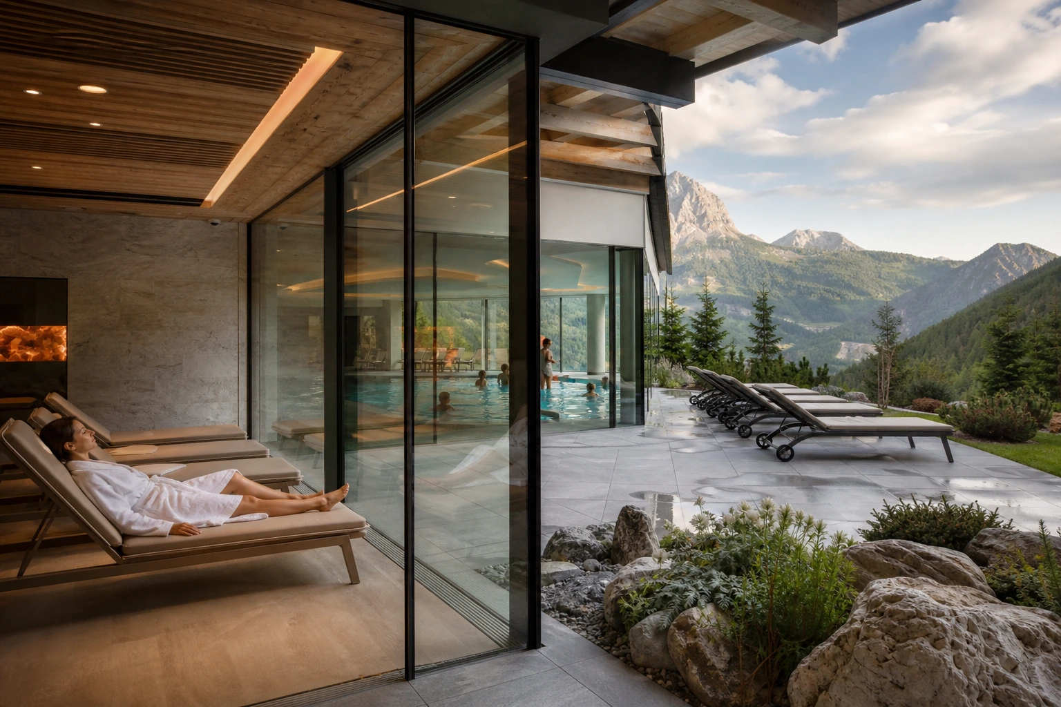 Photorealistic illustration for alpine summer hiking rest: signature experience
