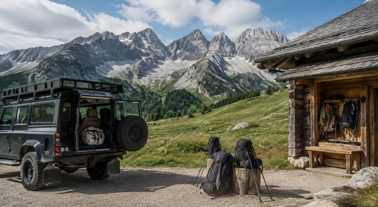 Photorealistic illustration for alpine summer hiking rest: logistics and service
