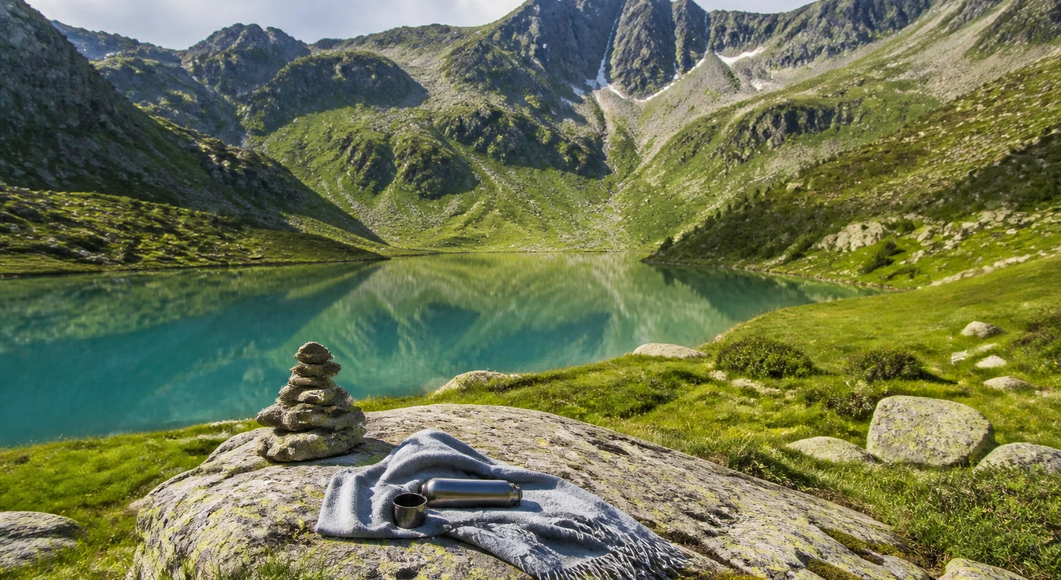 Photorealistic illustration for alpine summer hiking rest: reality-check detail