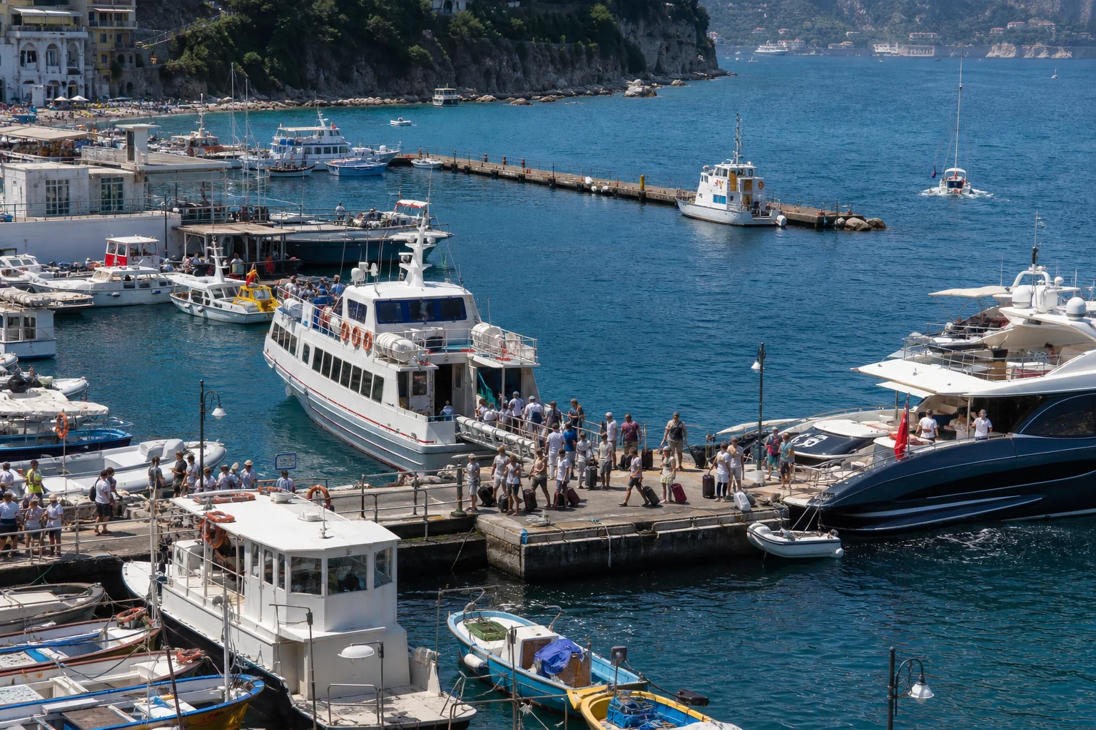 Belebter Inselhafen mit Fähren, Ausflugsbooten und Yachten