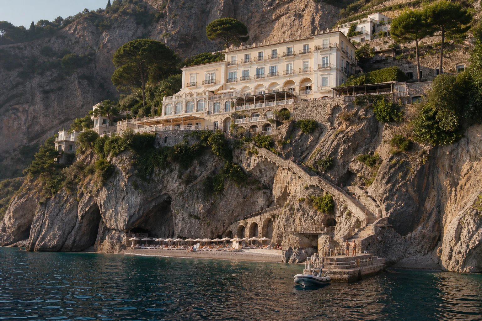 Klippenhotel mit Strand und kleinem Zugangssteg an der Amalfiküste