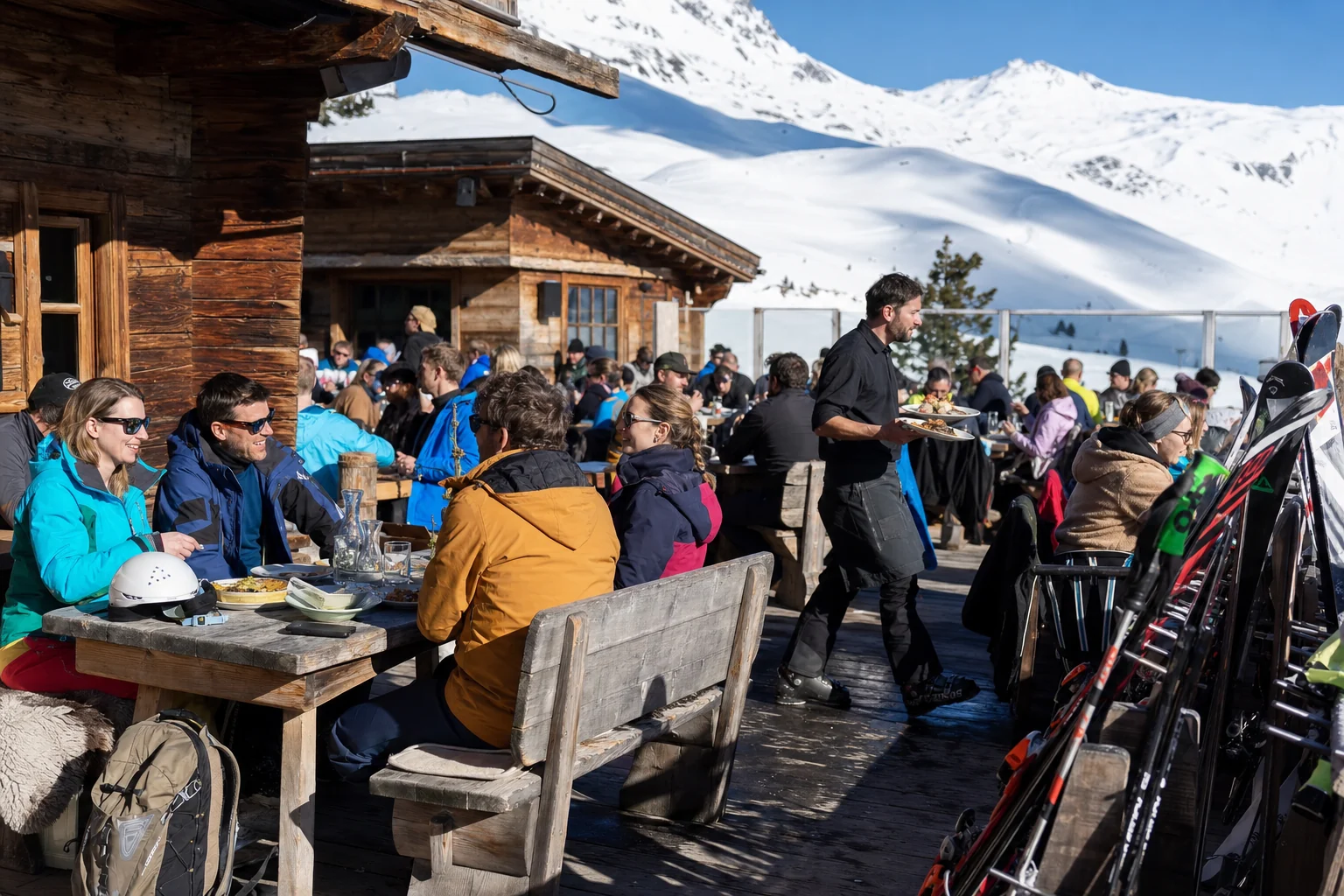 Belebte österreichische Skihüttenterrasse mit Gästen und Service