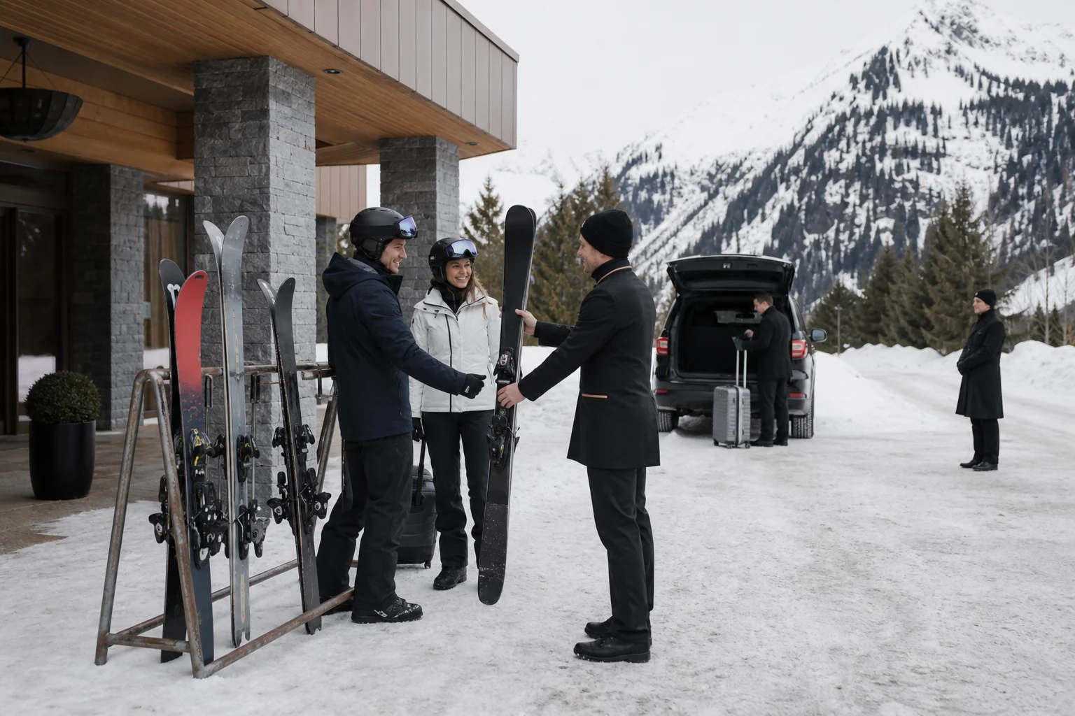 Geordnete Skiübergabe am Eingang eines alpinen Luxushotels