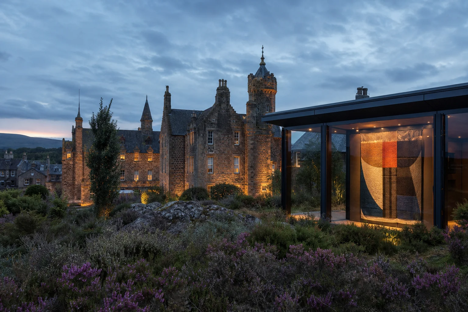 Hôtel baronnial écossais fictif avec textile abstrait contemporain