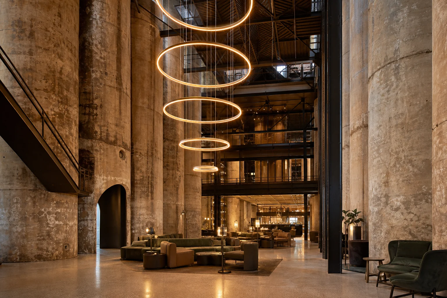 Art hôtel fictif dans un silo reconverti avec anneaux lumineux abstraits