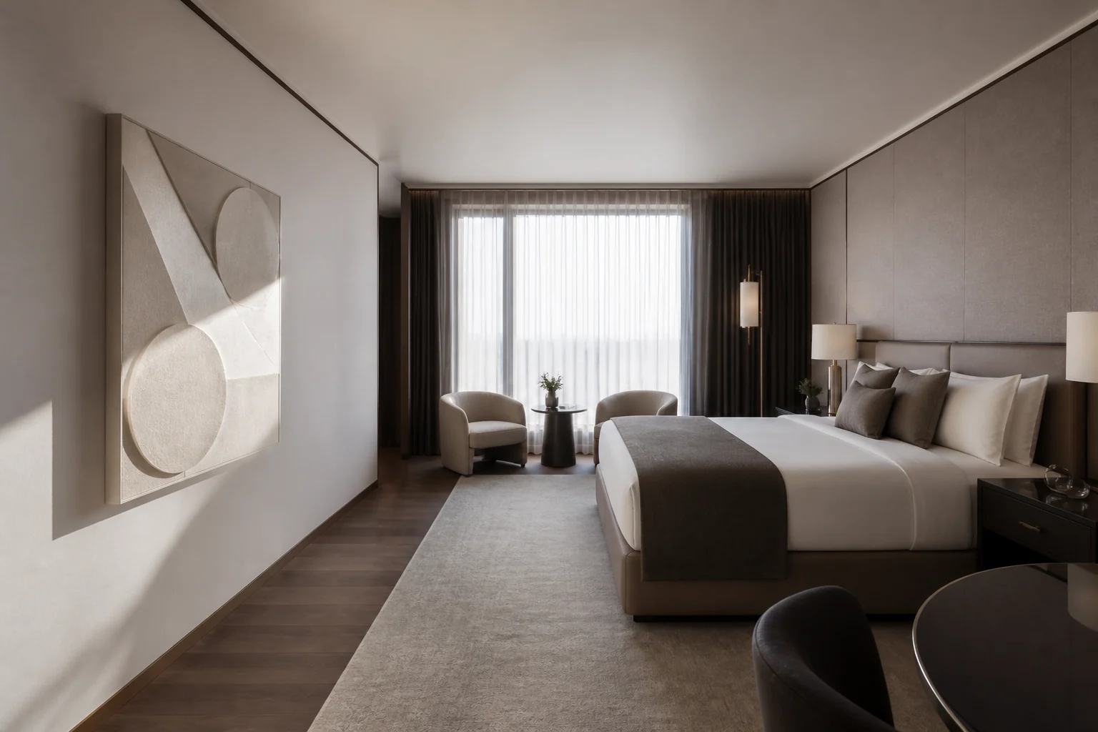 Chambre fictive d’art hôtel avec relief géométrique et passage dégagé