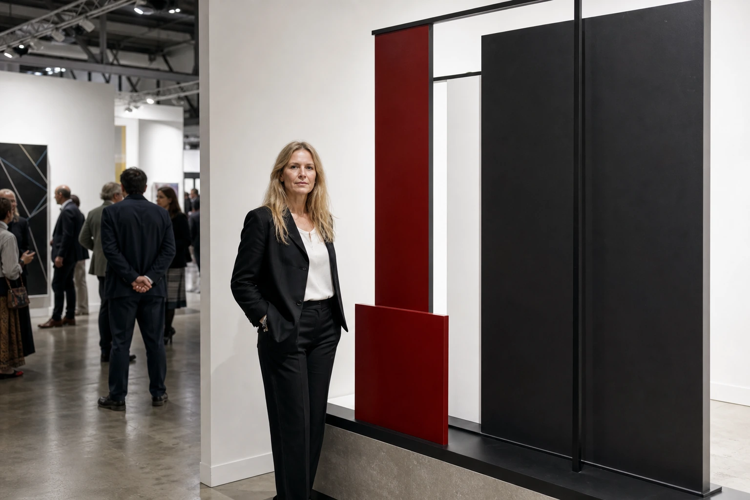 Artist Bettina Pousttchi beside a work at the Buchmann Galerie booth