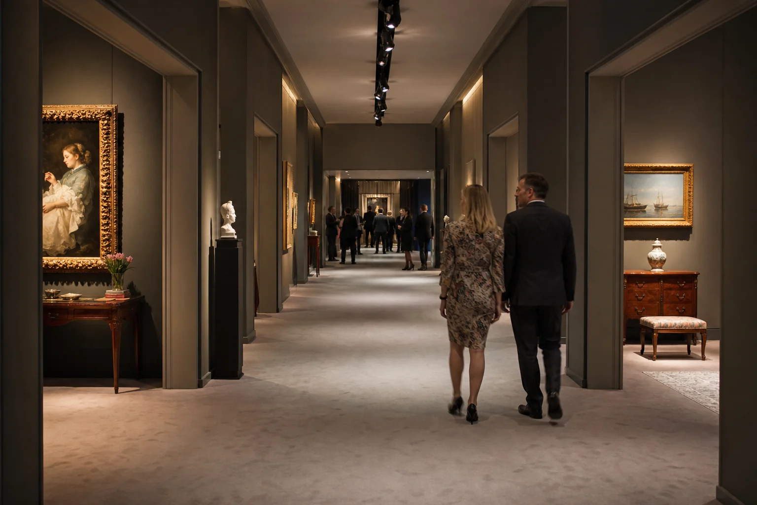 Quiet upper central aisle with gallery booths at TEFAF Maastricht 2019