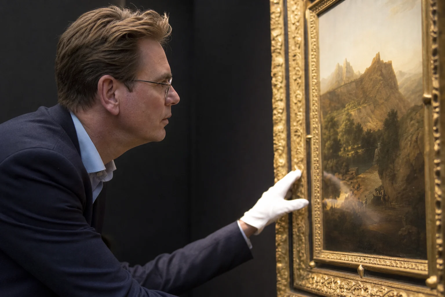 Conservation specialist René Hoppenbrouwers examining a painting at TEFAF 2019