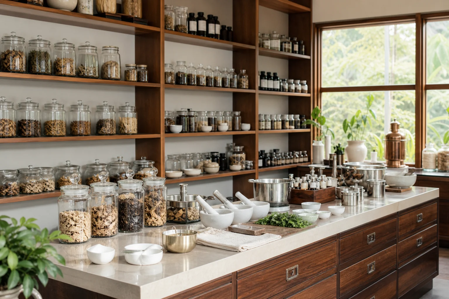 Organised Ayurveda herbal dispensary with a clean preparation counter