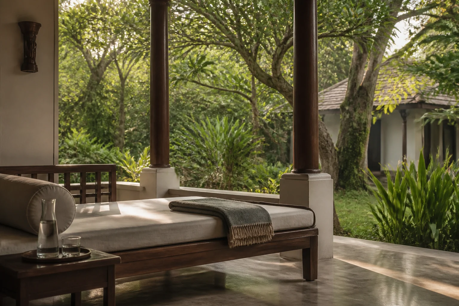 Empty recovery veranda at a tropical Ayurveda retreat