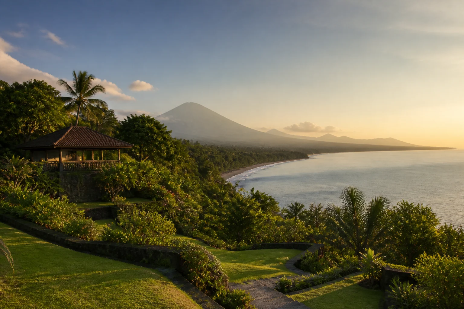 East Bali hillside overlooking a volcano and the sea