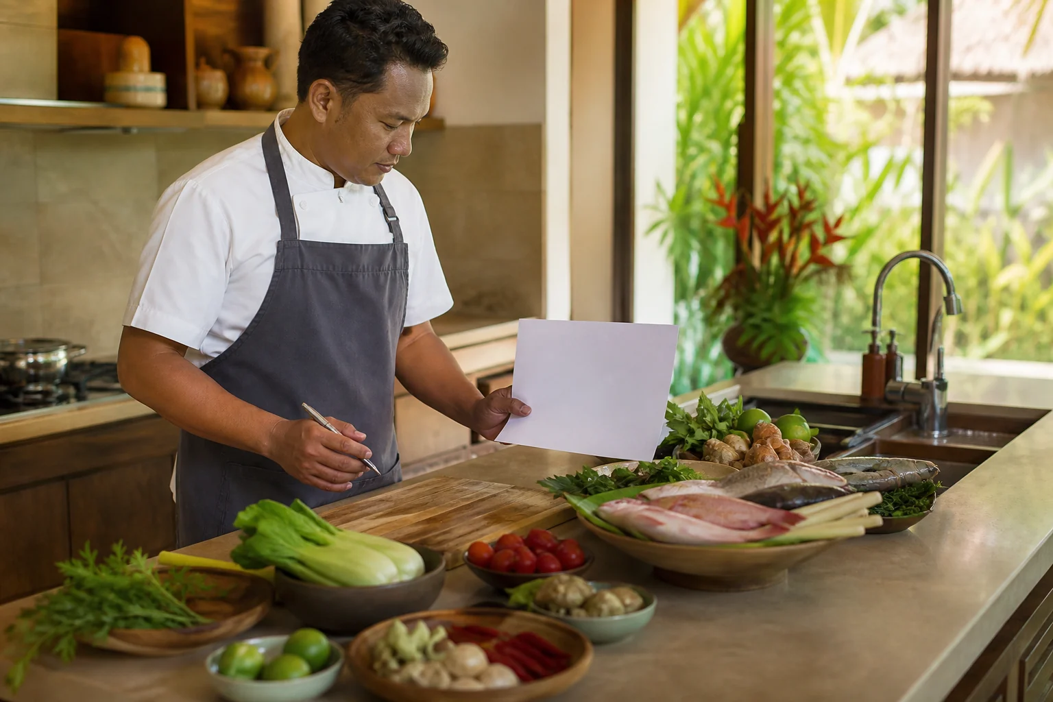 Cuisinier d’une villa à Bali préparant un menu avec des produits frais
