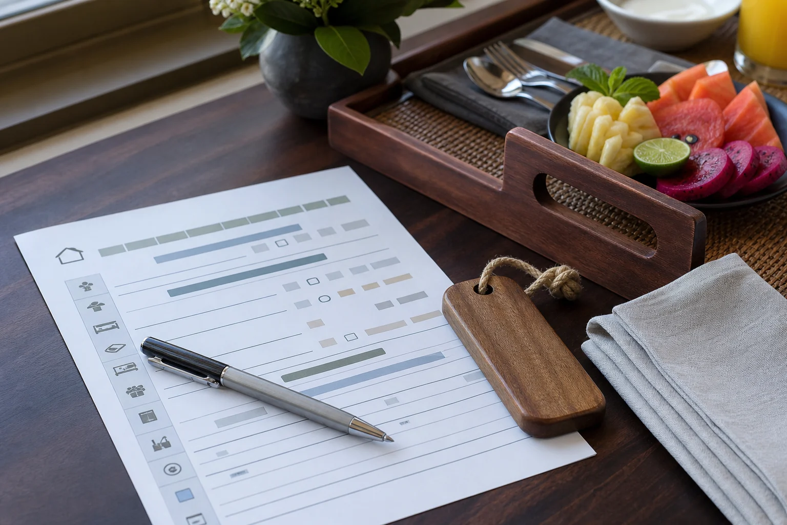 Planning quotidien anonyme à côté d’un plateau de petit-déjeuner