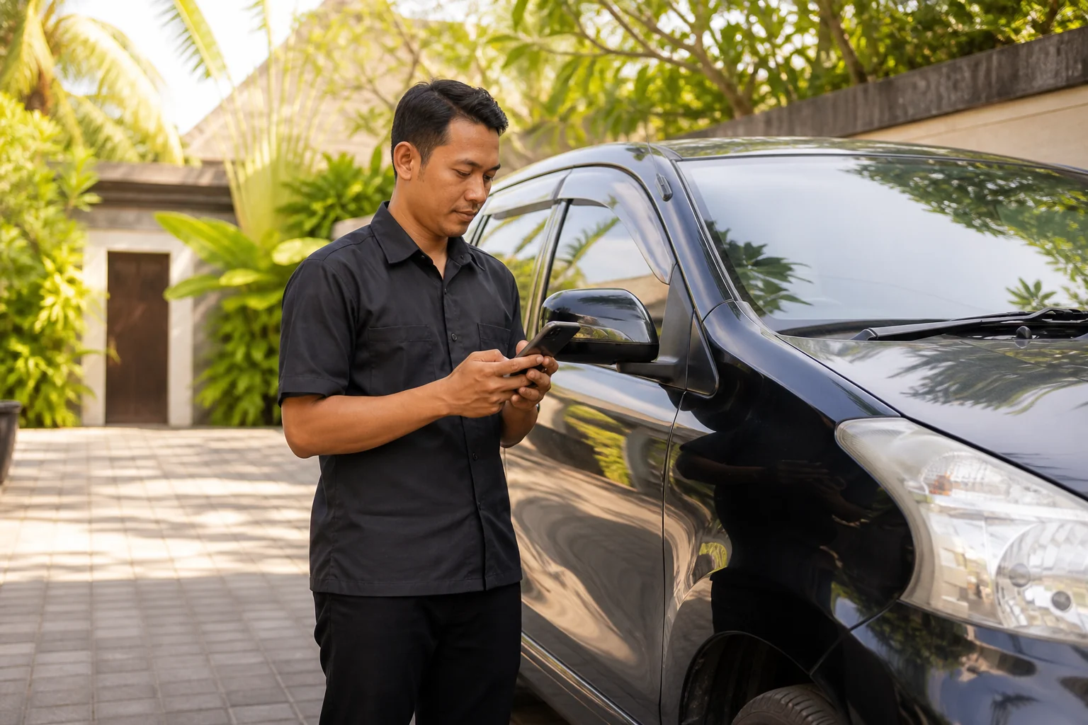 Chauffeur vérifiant discrètement l’itinéraire et l’heure devant une villa à Bali