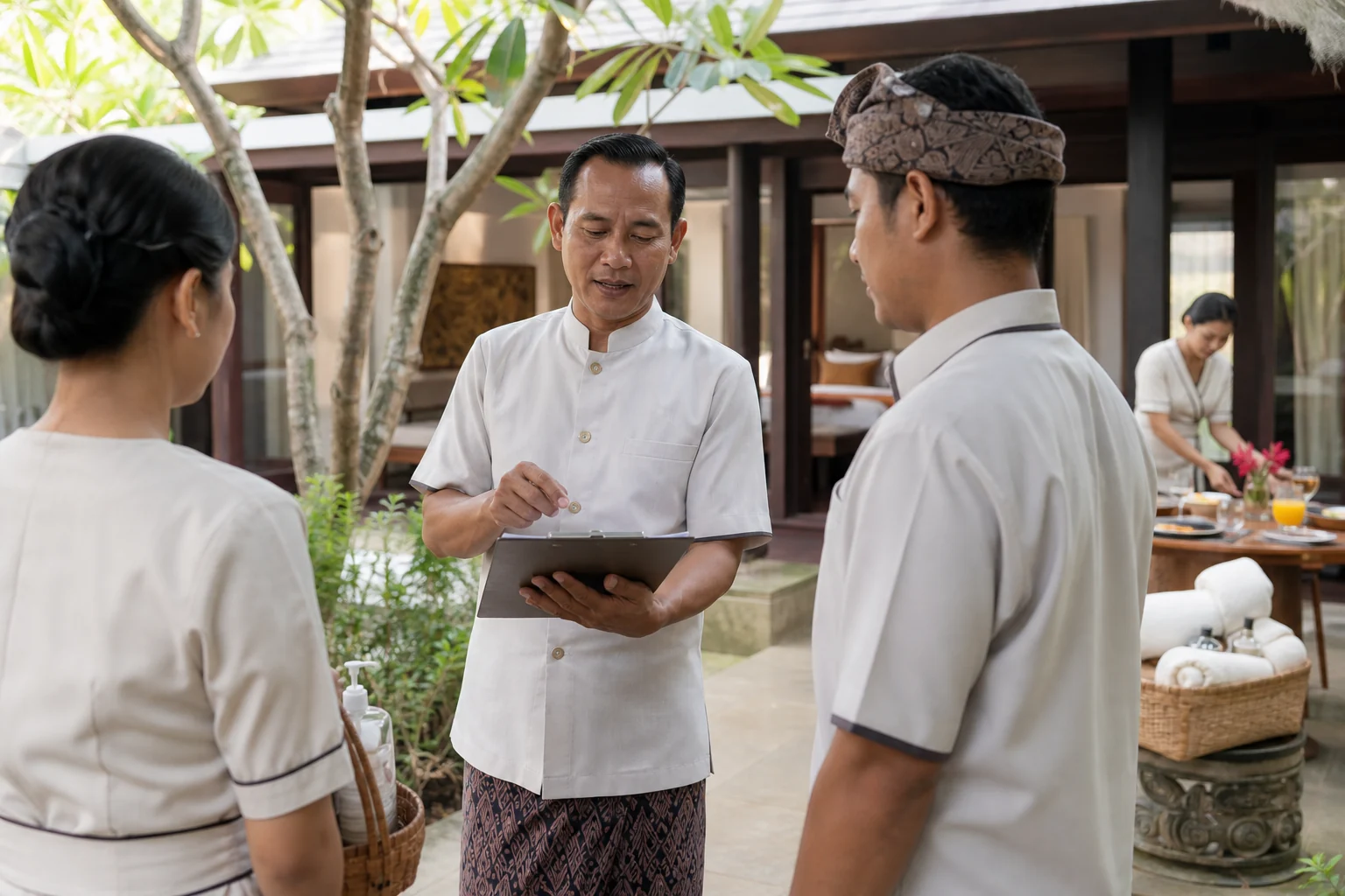 Manager de villa coordonnant discrètement l’équipe de service à Bali