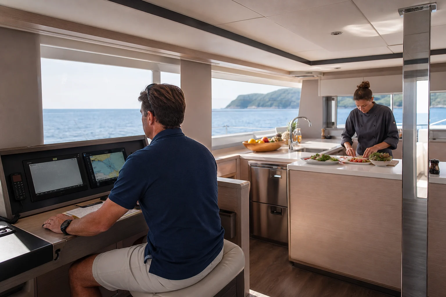 Kapitän am Navigationsplatz und Köchin in der Yachtküche